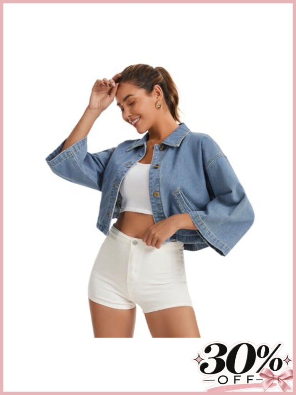 Womens Denim Jacket 3/4 Sleeve Button Down Cropped Jean Shirt